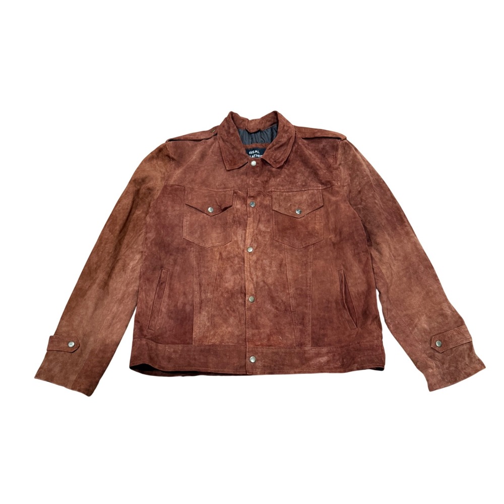 Real Leather Brown Suede Trucker Jacket Men XL Cognac Snap Front Western Coat